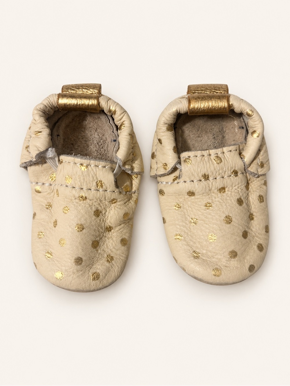 Soft Cream Baby Moccasins with Gold Dot Accents